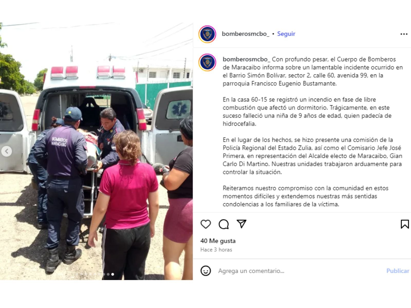 Una niña de 9 años murió tras el incendio en su vivienda en Maracaibo