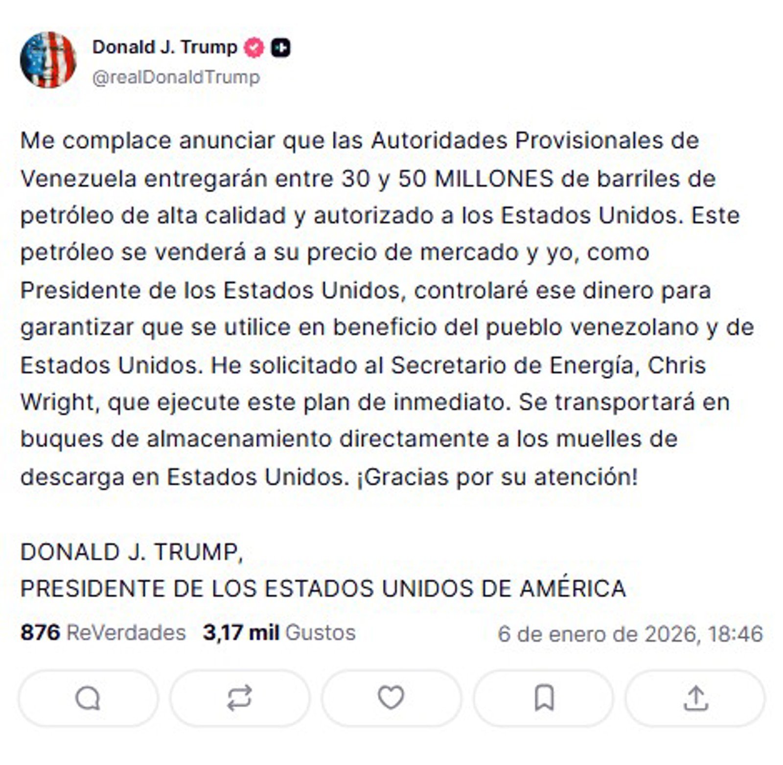 Trump dijo que Venezuela entregará entre 30 y 50 millones de barriles de petróleo a EE UU